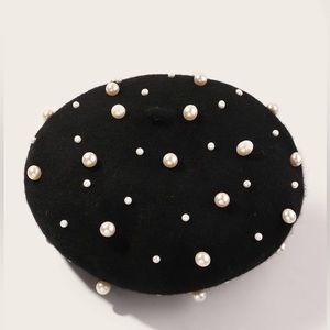 Girls Faux Pearl Decor Berets/ Wool Hat Artist Hat French Beanies Painter/ Black